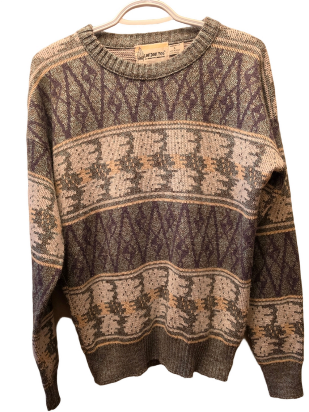 Vintage London Fog USA Wool Blend Fair Isle Landscape Grandpa Sweater L